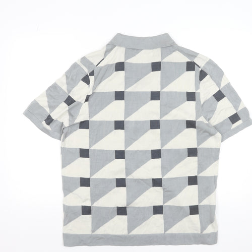 Marks and Spencer Autograph Men's Grey Geometric Cotton Polo Shirt XL