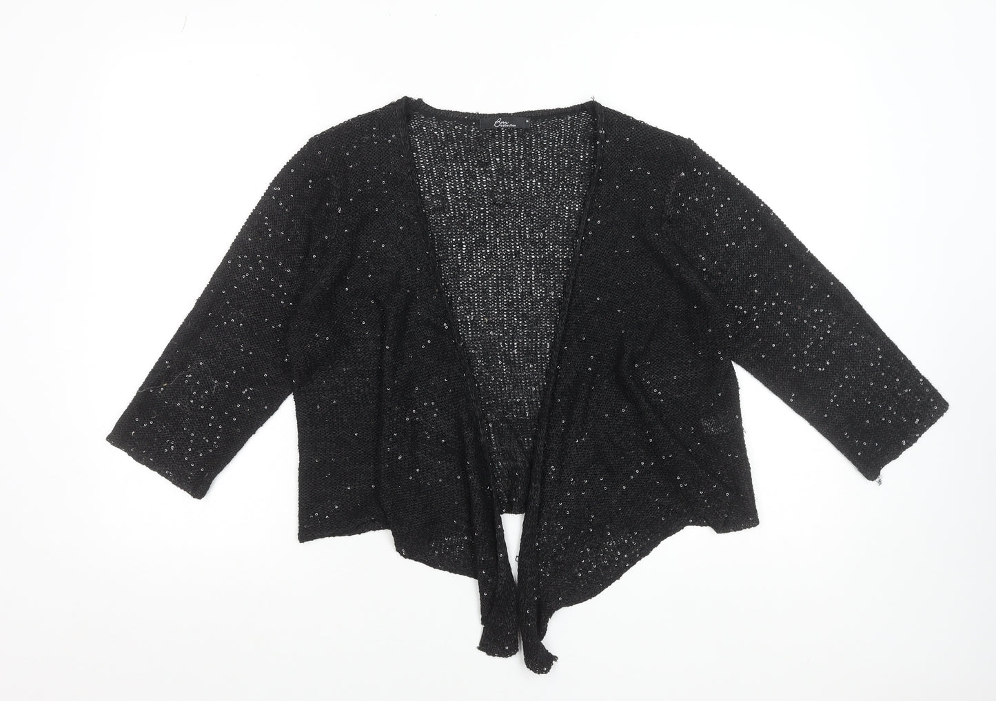 Bm Women's Black Sequin Open Knit Cardigan M 3/4 Sleeve