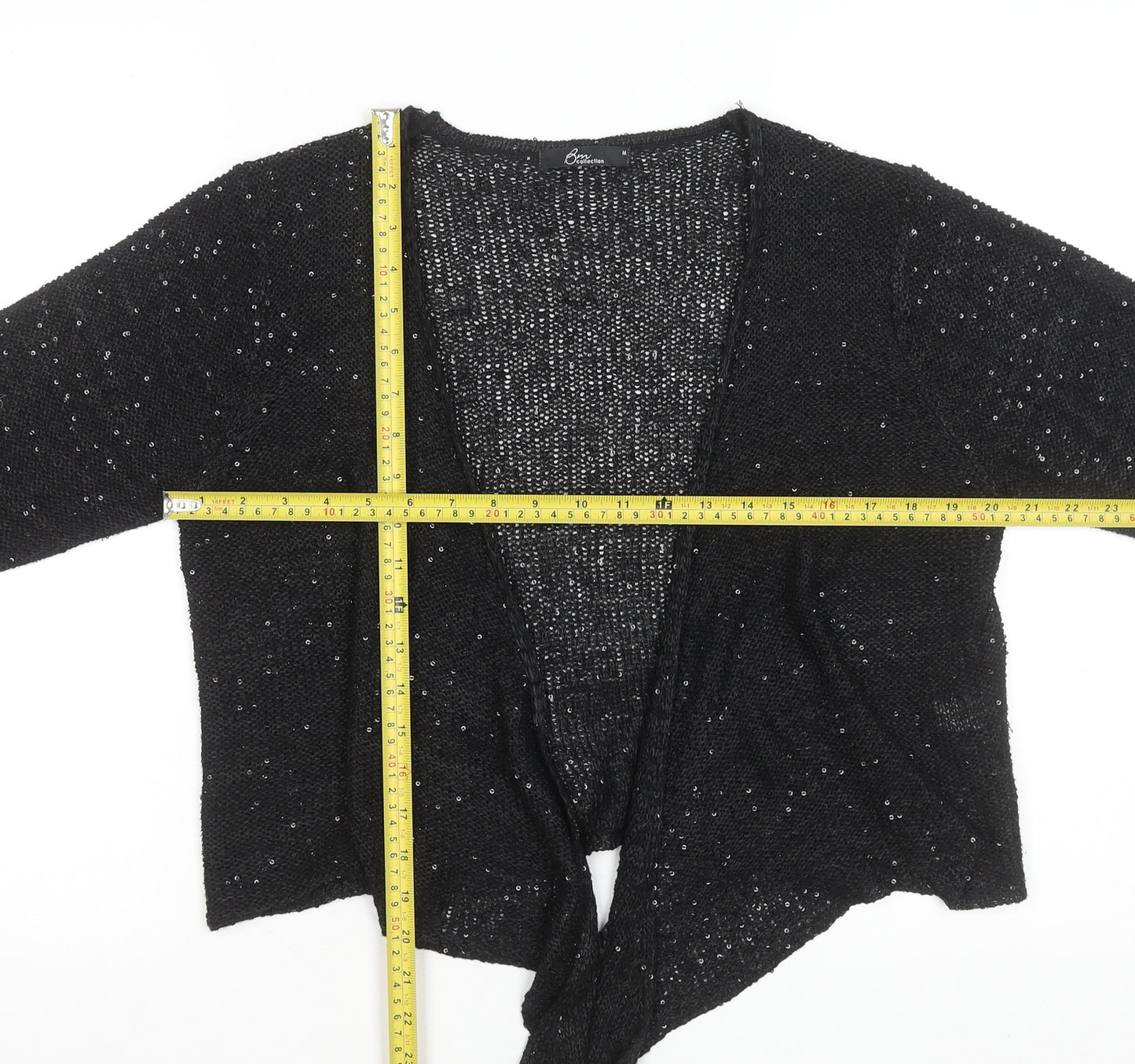 Bm Women's Black Sequin Open Knit Cardigan M 3/4 Sleeve
