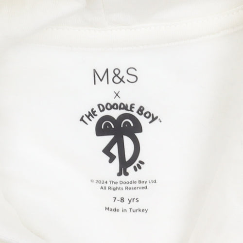 Marks and Spencer Boys White Graphic Hoodie 7-8 Years Cotton Blend