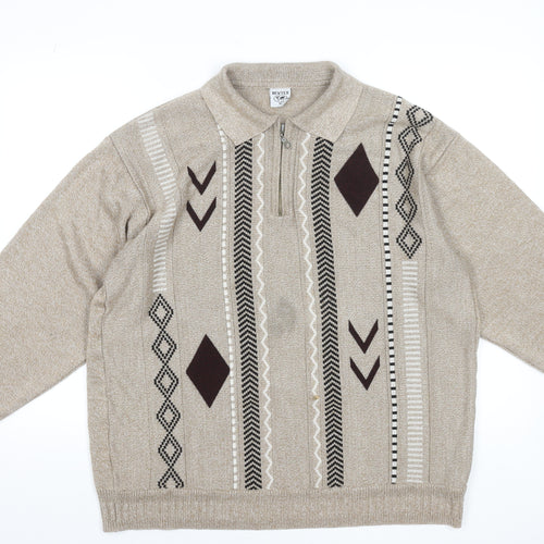Newtex Men's Beige Geometric Knit 1/4 Zip Collared Jumper XL Retro Style