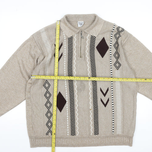 Newtex Men's Beige Geometric Knit 1/4 Zip Collared Jumper XL Retro Style