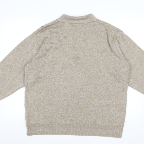 Newtex Men's Beige Geometric Knit 1/4 Zip Collared Jumper XL Retro Style