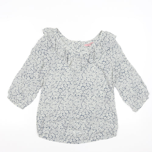 Phase Eight Women Blue Floral Blouse Size 8 Viscose Ruffle 3/4 Sleeve Top