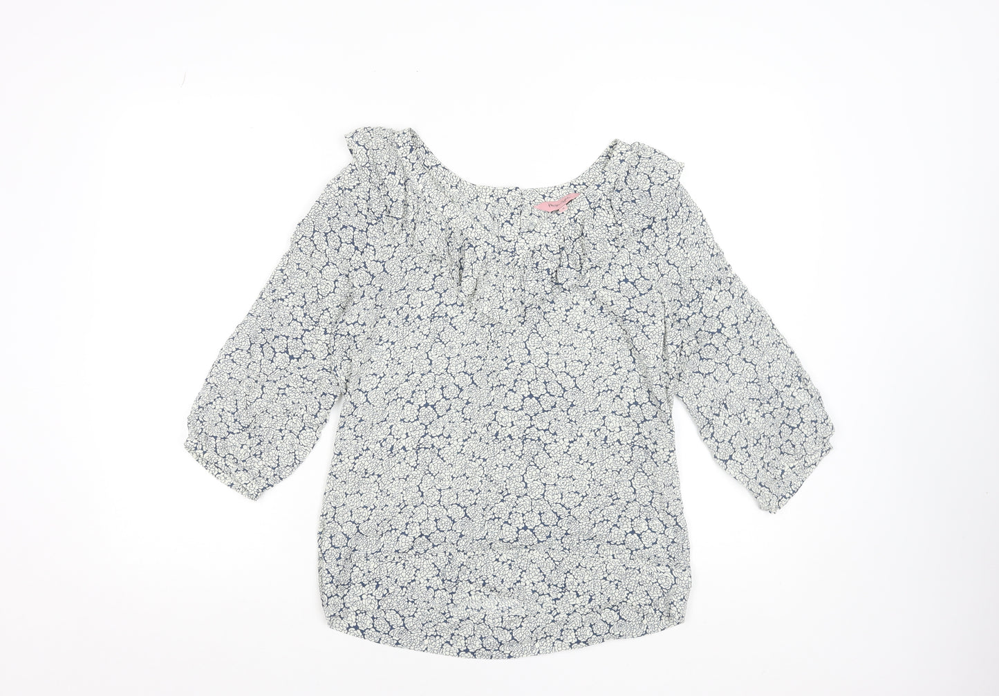 Phase Eight Women Blue Floral Blouse Size 8 Viscose Ruffle 3/4 Sleeve Top