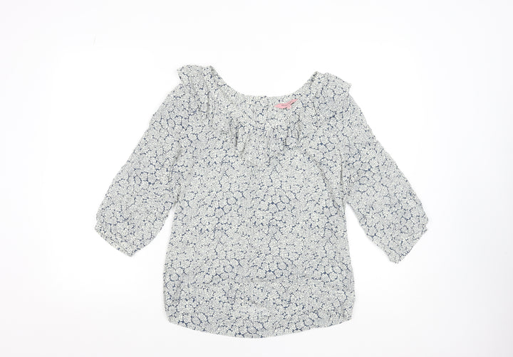 Phase Eight Women Blue Floral Blouse Size 8 Viscose Ruffle 3/4 Sleeve Top