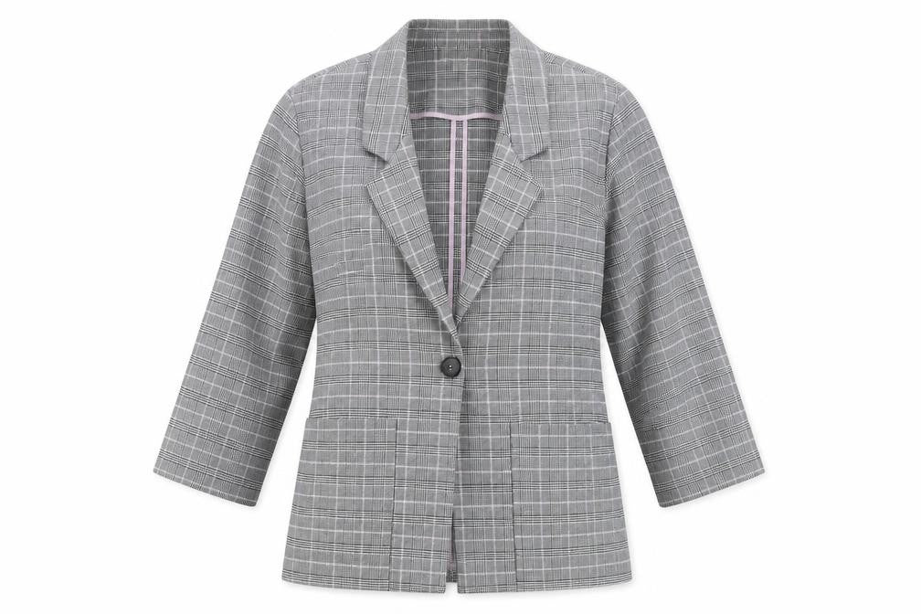 Front view of Monki Women’s Grey Check Blazer Jacket, size S, Relaxed Fit