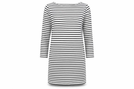 Front view of Pieces Women’s Black White Striped T-Shirt Dress, size M
