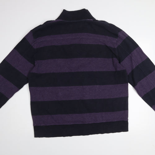 GANT Men Purple Black Striped 2XL Henley Mock Neck Jumper