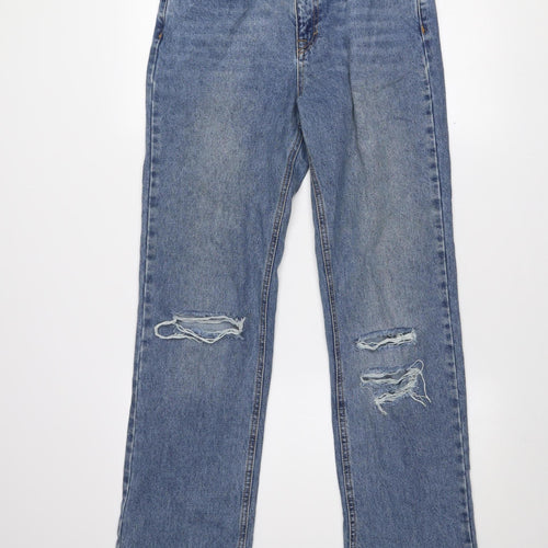 Pull&Bear Women's Blue Distressed Straight Leg Jeans Size 10