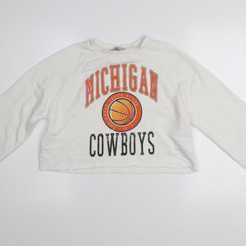 Stradivarius Womens White Michigan Cowboys Cropped Pullover Sweatshirt XS