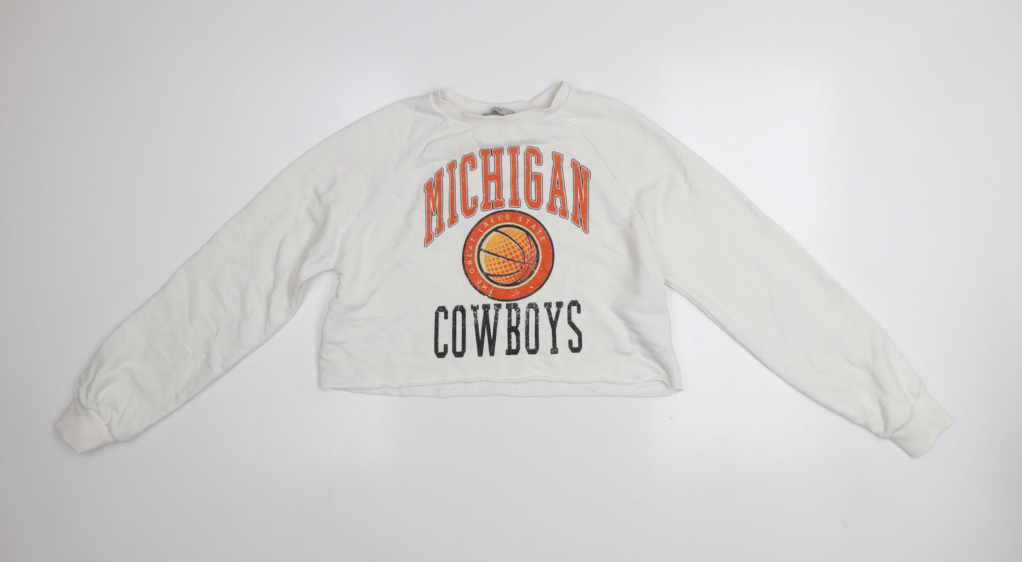 Stradivarius Womens White Michigan Cowboys Cropped Pullover Sweatshirt XS