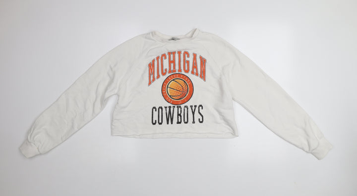 Stradivarius Womens White Michigan Cowboys Cropped Pullover Sweatshirt XS