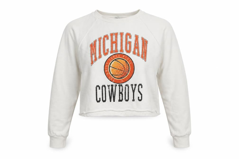 Front view of Stradivarius women’s white michigan cowboys cropped pullover sweatshirt xs