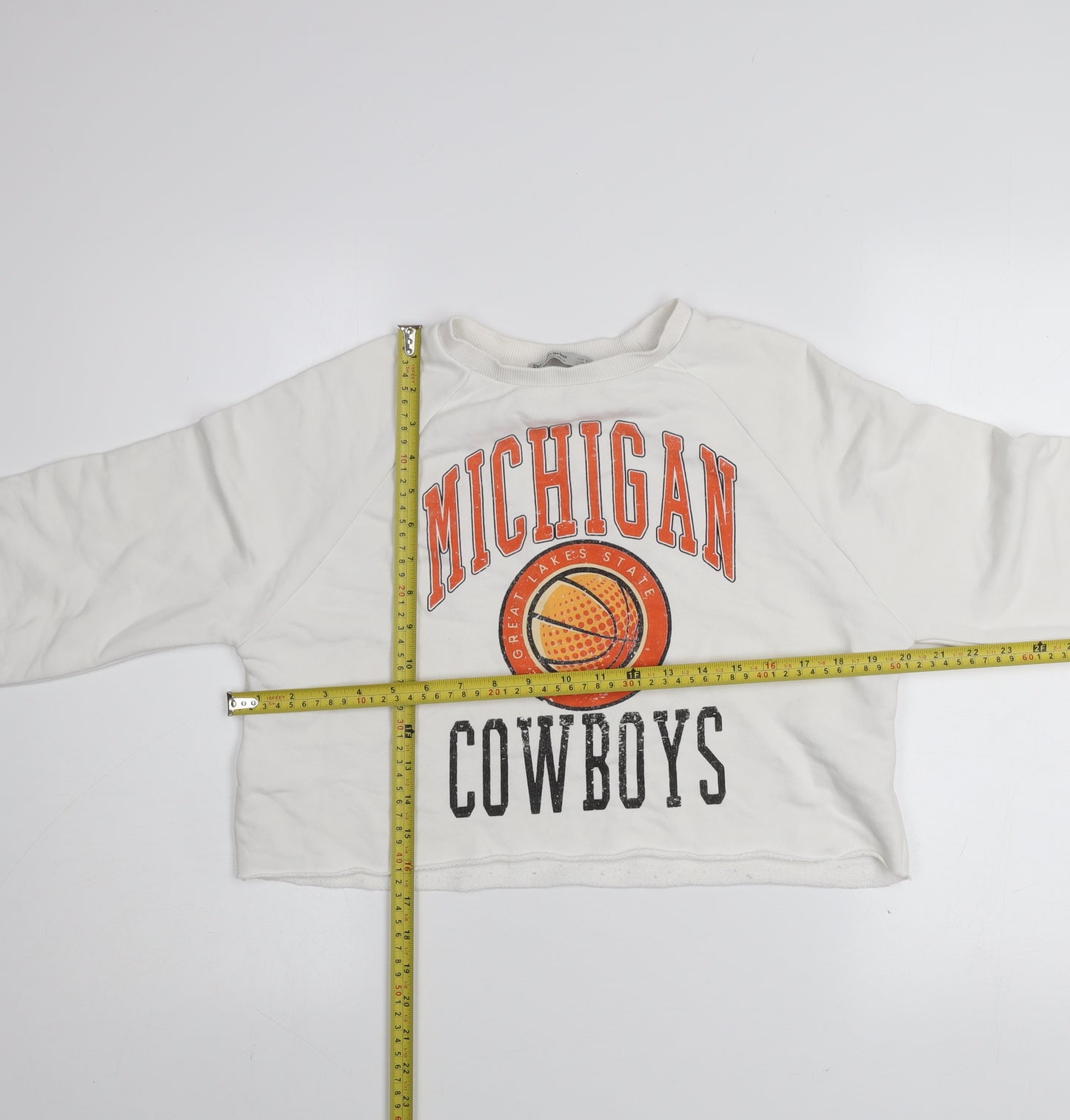 Stradivarius Womens White Michigan Cowboys Cropped Pullover Sweatshirt XS