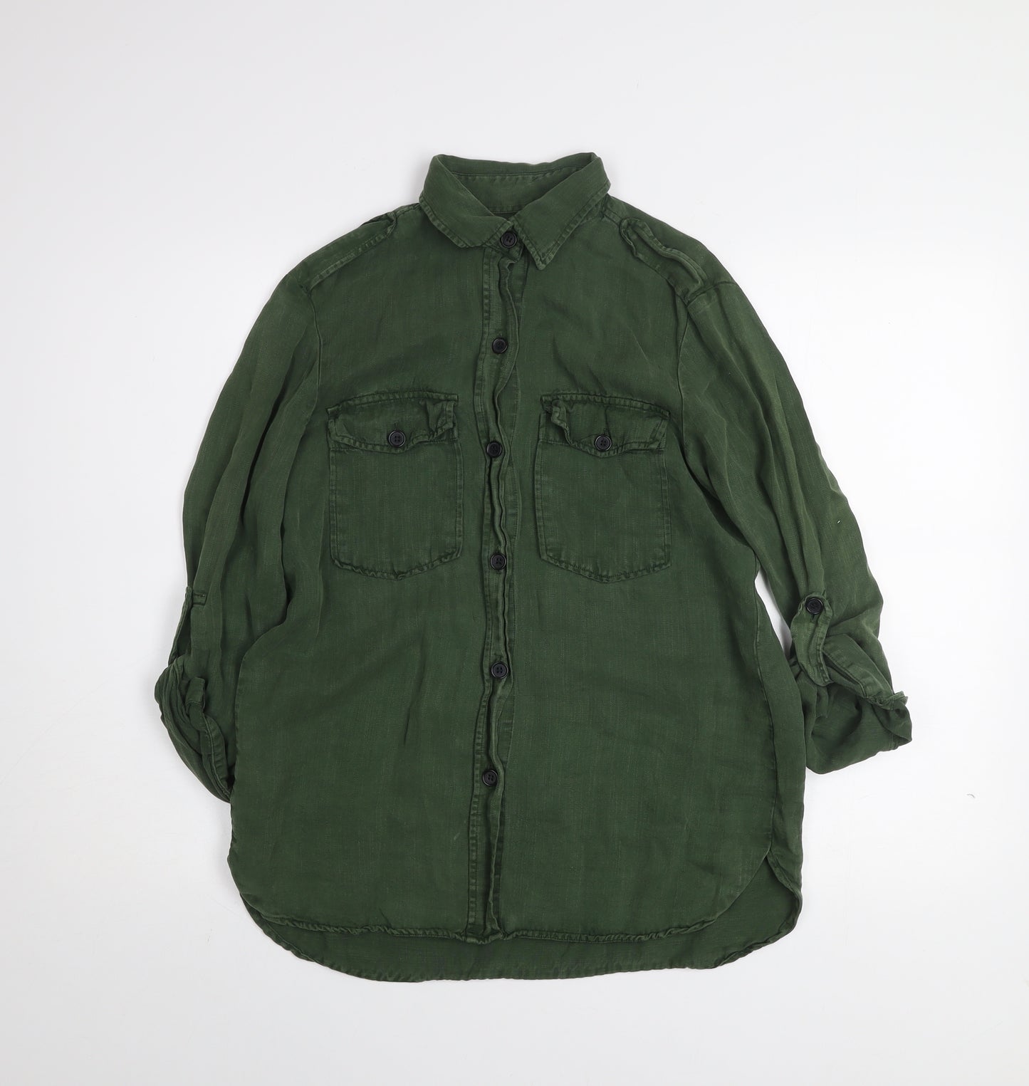 Zara Woman Green Button-Up Long Sleeve Shirt Size M