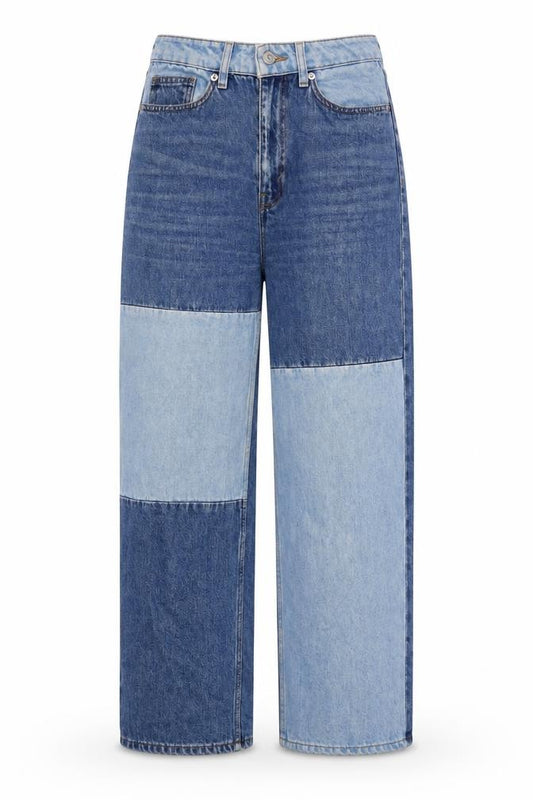 Front view of Monki Women’s Blue Patchwork Denim Straight Jeans, size UK 24