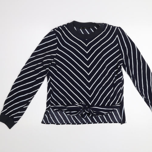 Zara Basic Women Blue Striped Long Sleeve Tie Front T-Shirt M