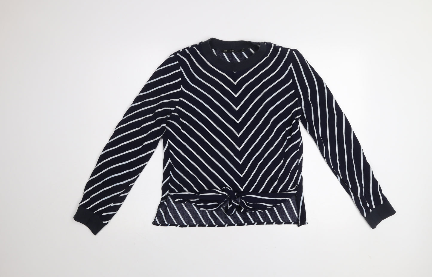 Zara Basic Women Blue Striped Long Sleeve Tie Front T-Shirt M