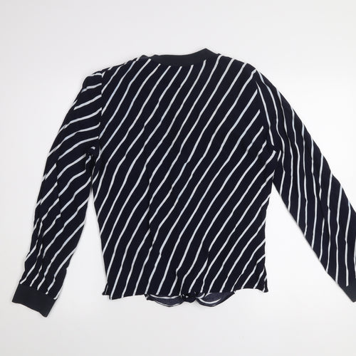 Zara Basic Women Blue Striped Long Sleeve Tie Front T-Shirt M
