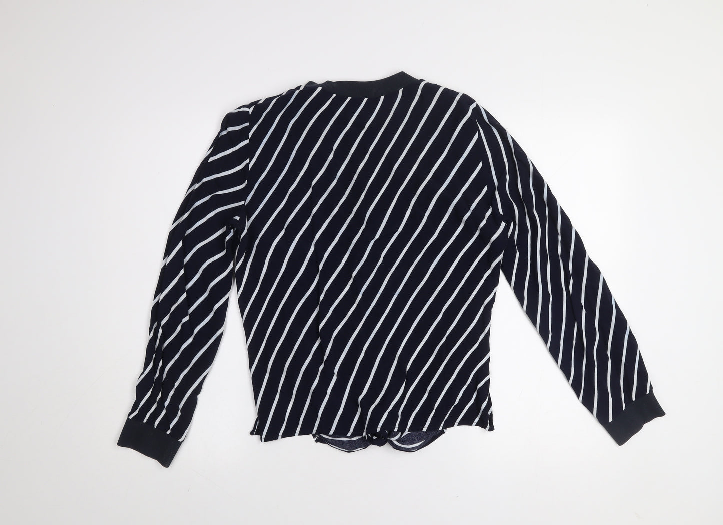 Zara Basic Women Blue Striped Long Sleeve Tie Front T-Shirt M