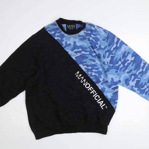 boohooMAN Men's Black Blue Camouflage Pullover Sweatshirt Size M