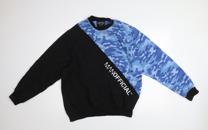 boohooMAN Men's Black Blue Camouflage Pullover Sweatshirt Size M