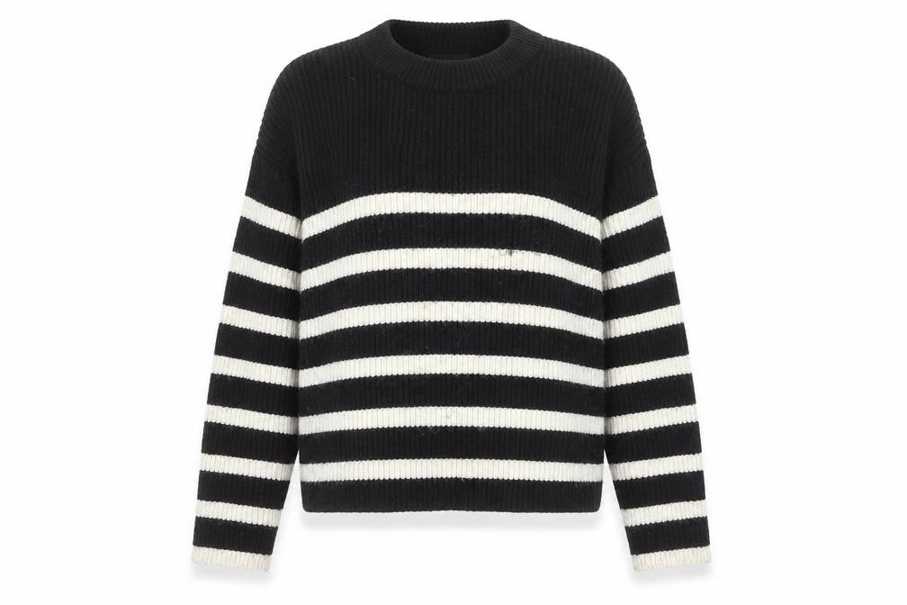 Front view of Monki Women Black Striped Knit Crew Neck jumper M