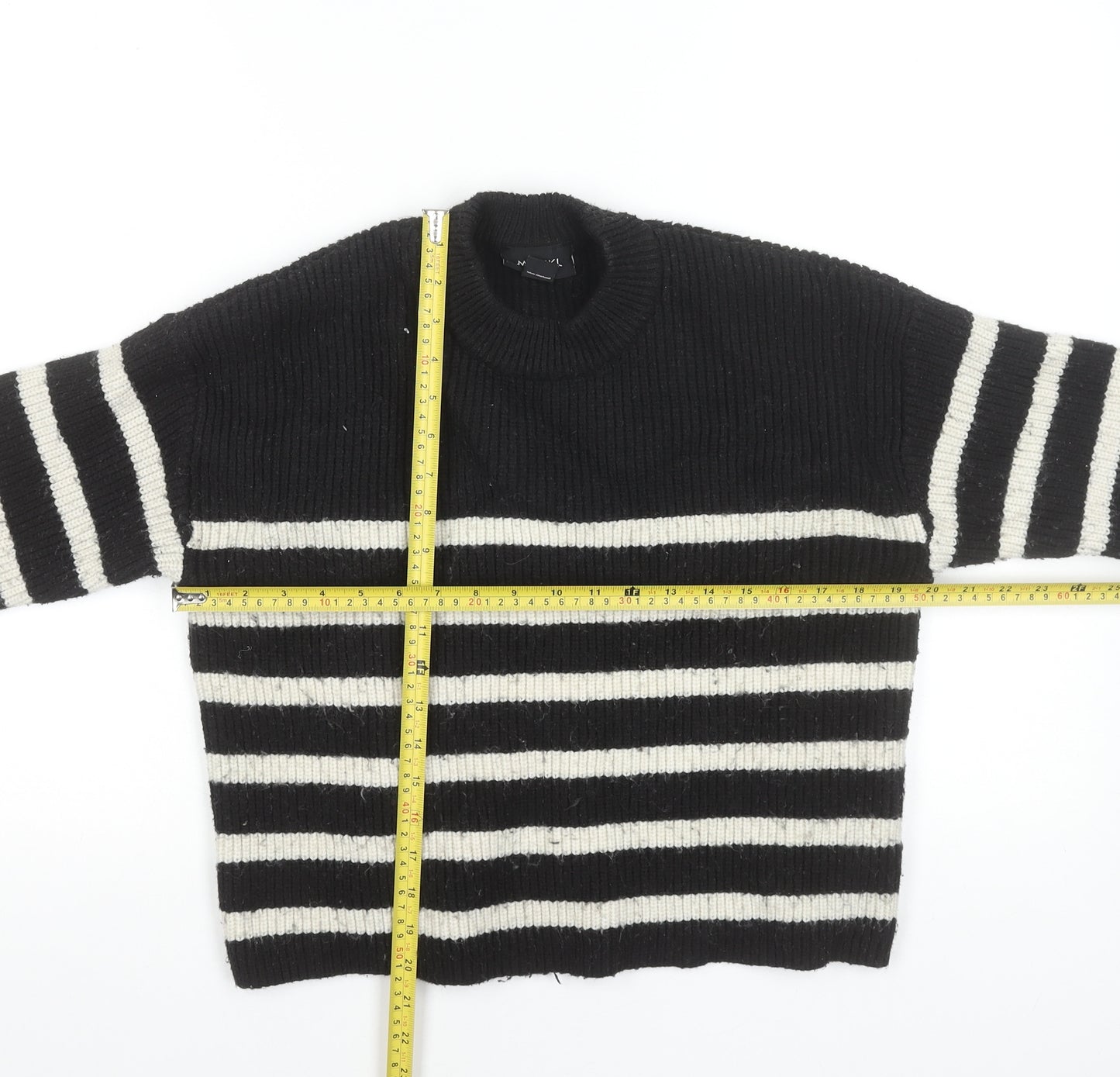 Monki Women Black Striped Knit Crew Neck Pullover Jumper M