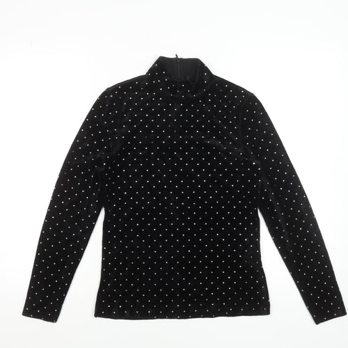 Hallhuber Womens Black Velvet Rhinestone Mock Neck Blouse XS