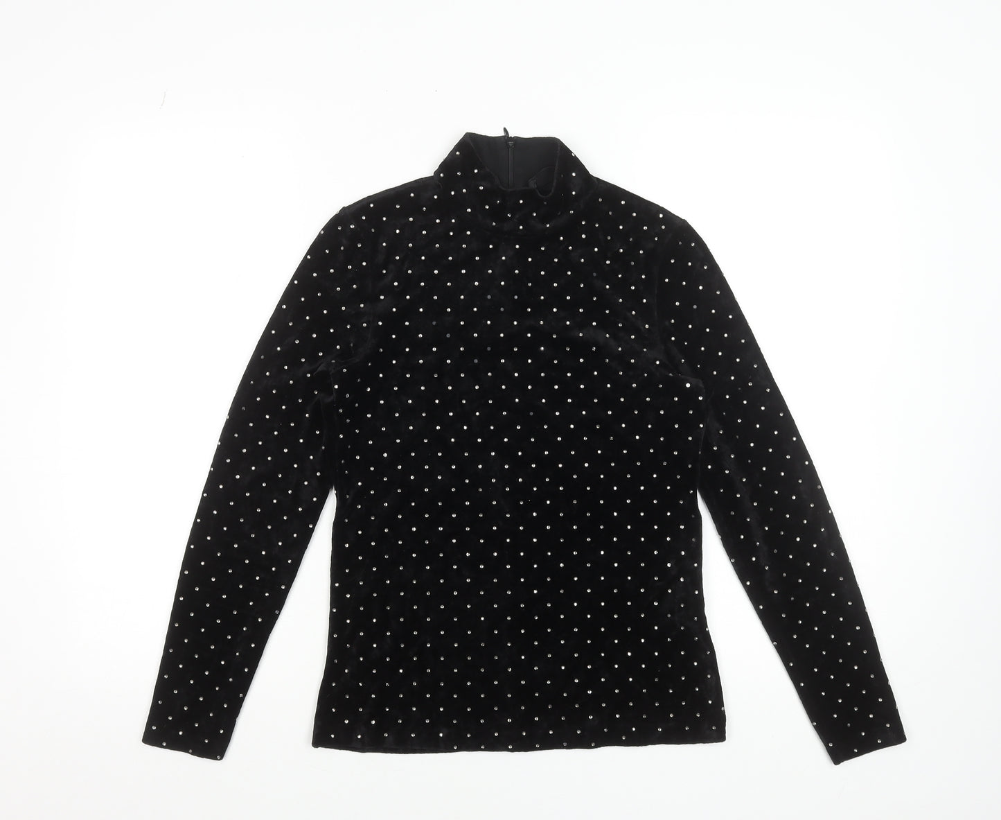 Hallhuber Womens Black Velvet Rhinestone Mock Neck Blouse XS