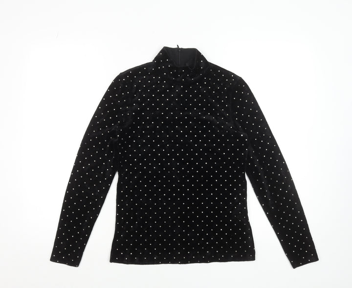 Hallhuber Womens Black Velvet Rhinestone Mock Neck Blouse XS