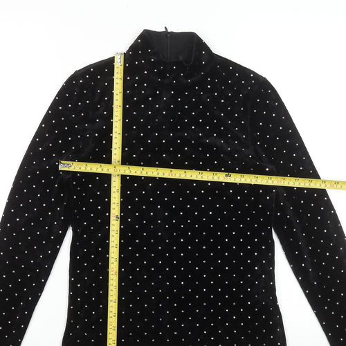 Hallhuber Womens Black Velvet Rhinestone Mock Neck Blouse XS