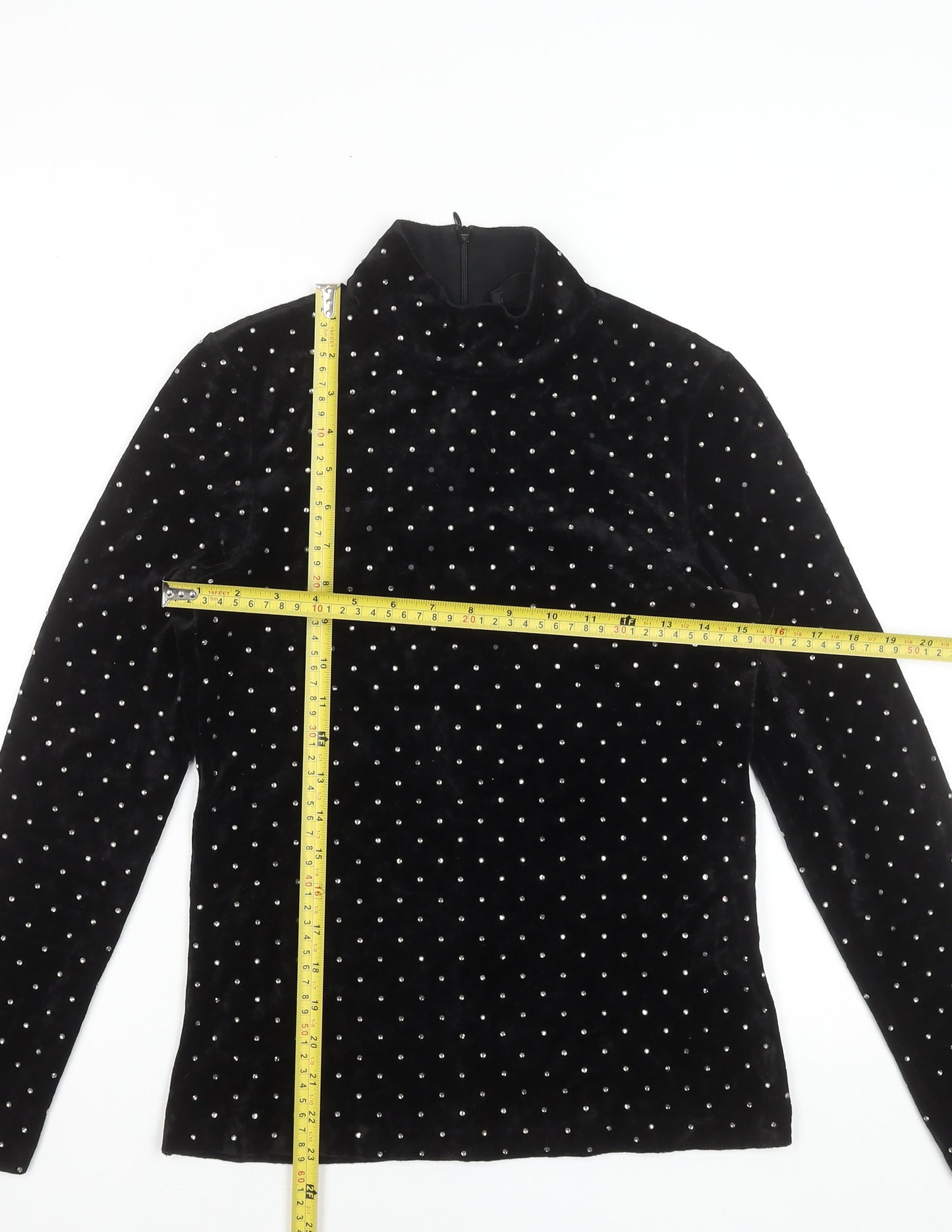 Hallhuber Womens Black Velvet Rhinestone Mock Neck Blouse XS