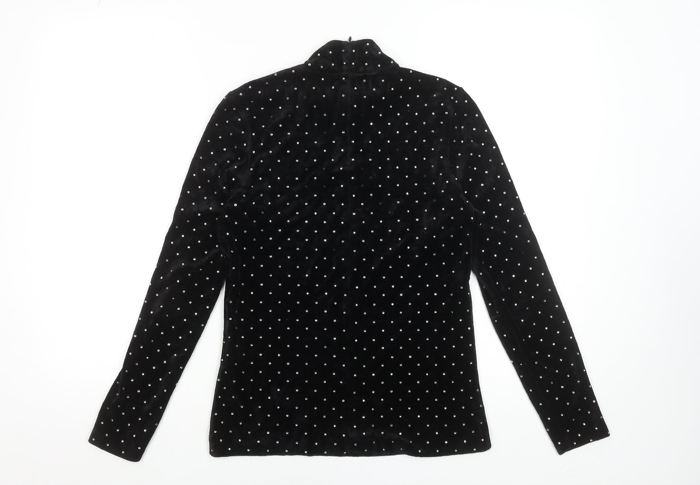 Hallhuber Womens Black Velvet Rhinestone Mock Neck Blouse XS