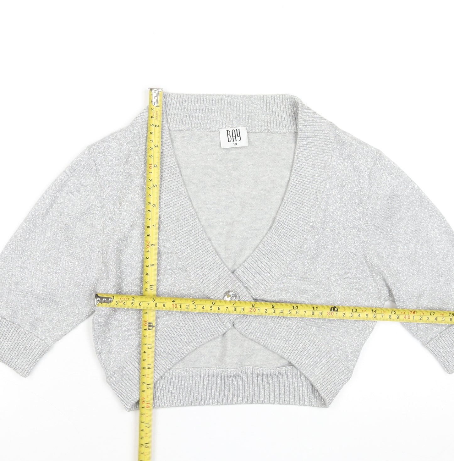 BAY Women’s Grey Glitter Button Cardigan Size 10 V-Neck 3/4 Sleeve