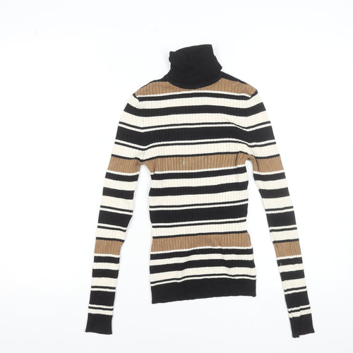 ONLY Women's XS Black Brown Striped Roll Neck Ribbed Knit Jumper