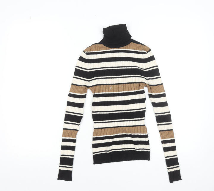 ONLY Women's XS Black Brown Striped Roll Neck Ribbed Knit Jumper