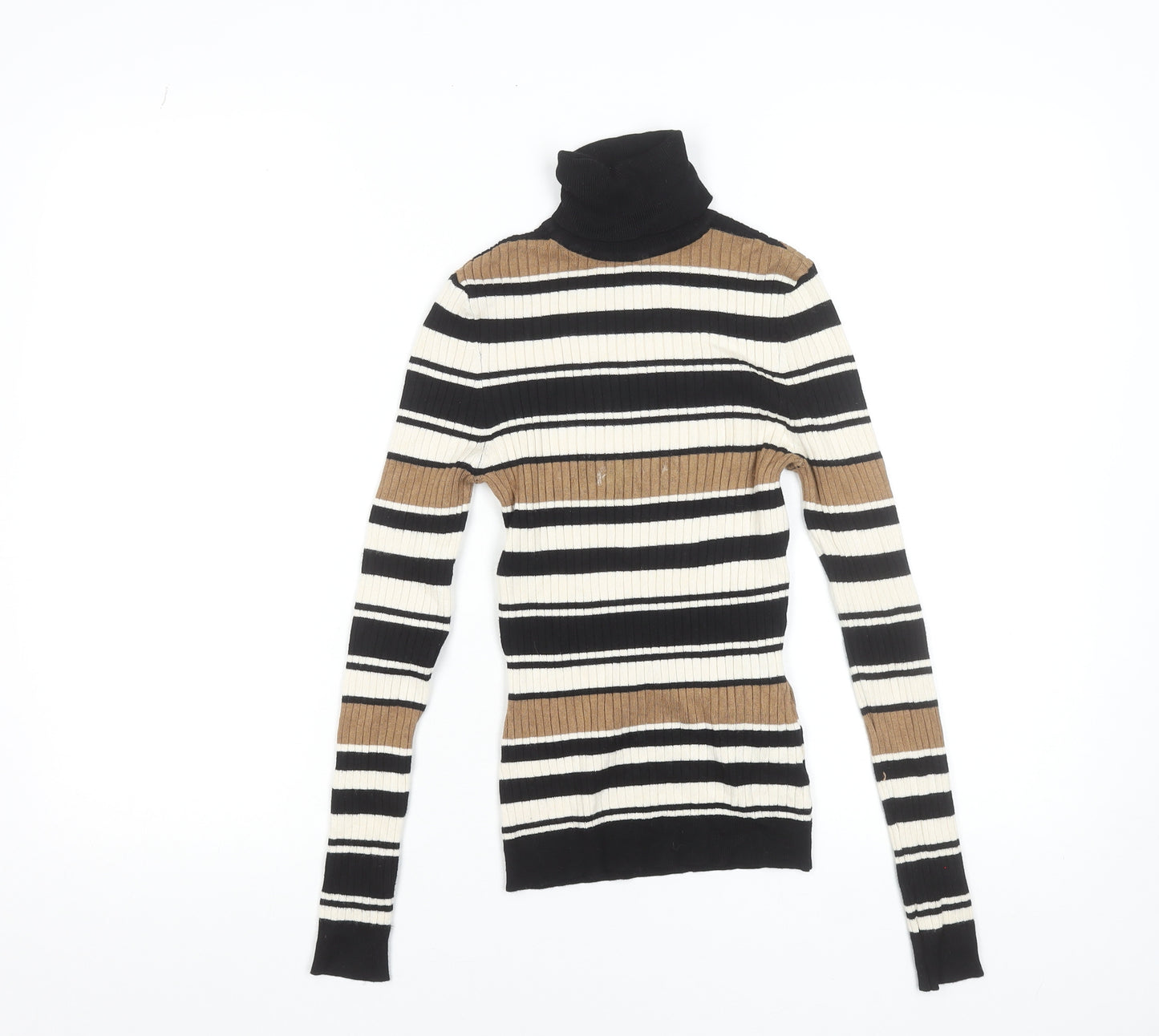 ONLY Women's XS Black Brown Striped Roll Neck Ribbed Knit Jumper