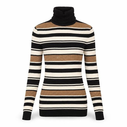 ONLY Women's XS Black Brown Striped Roll Neck Ribbed Knit Jumper