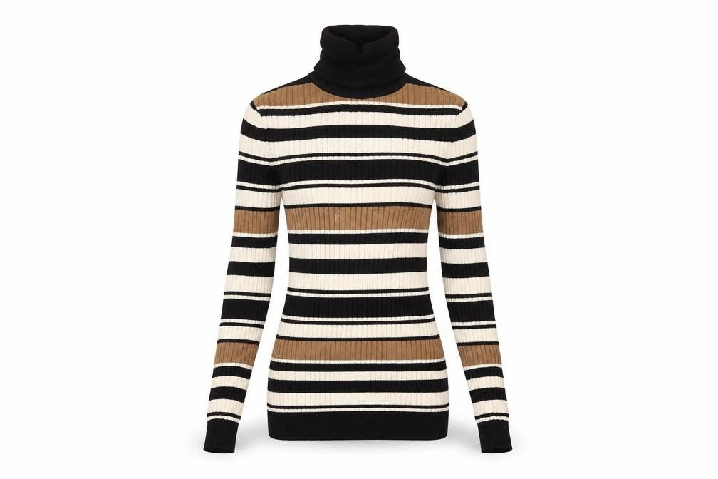ONLY Women's XS Black Brown Striped Roll Neck Ribbed Knit Jumper