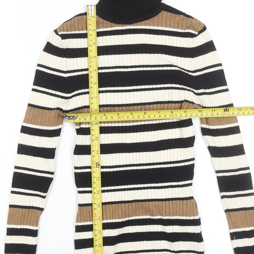 ONLY Women's XS Black Brown Striped Roll Neck Ribbed Knit Jumper