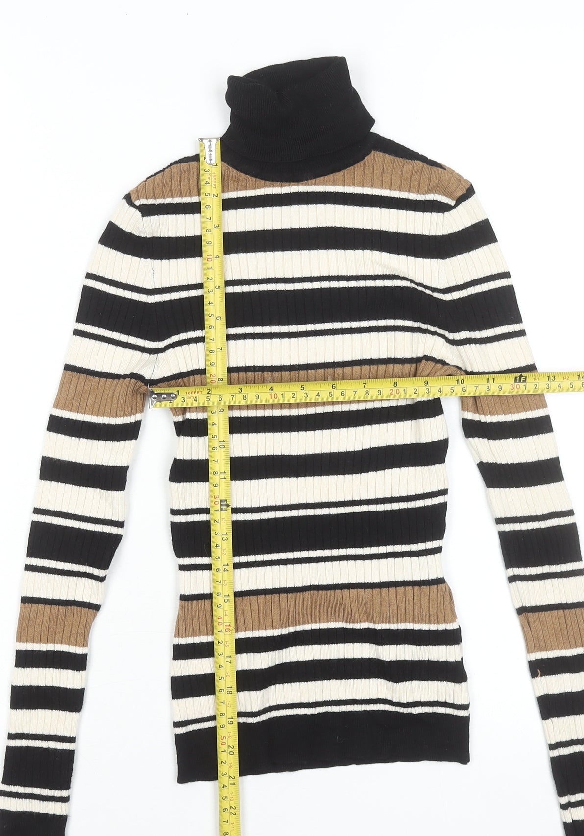 ONLY Women's XS Black Brown Striped Roll Neck Ribbed Knit Jumper