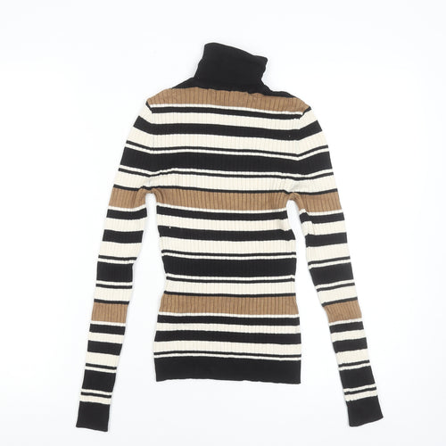 ONLY Women's XS Black Brown Striped Roll Neck Ribbed Knit Jumper