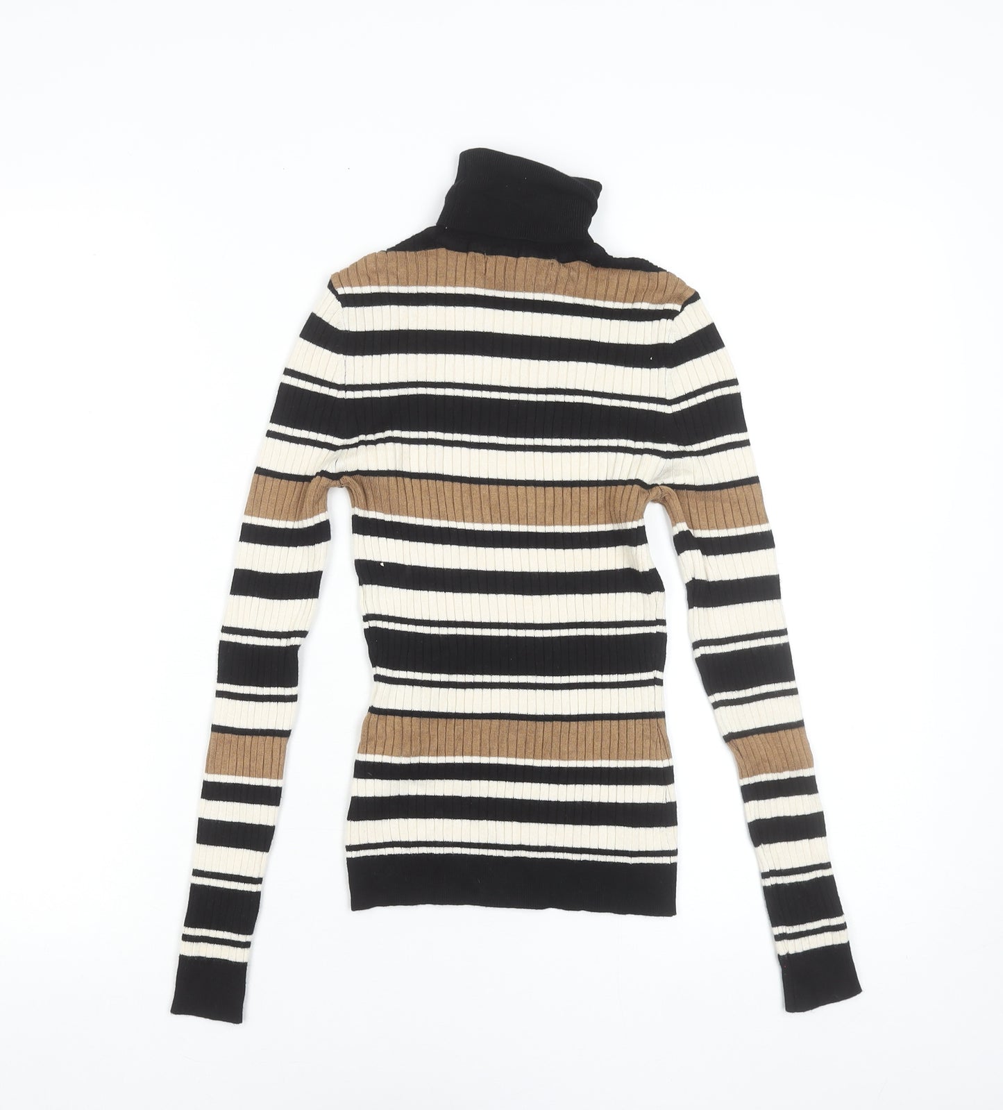 ONLY Women's XS Black Brown Striped Roll Neck Ribbed Knit Jumper