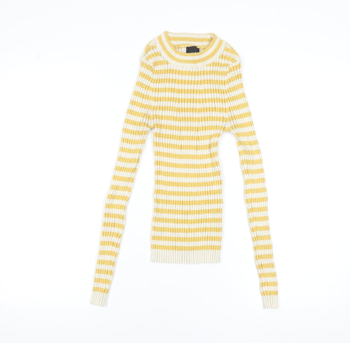 Pieces Women's Yellow White Striped Ribbed Long Sleeve Knit Top XS