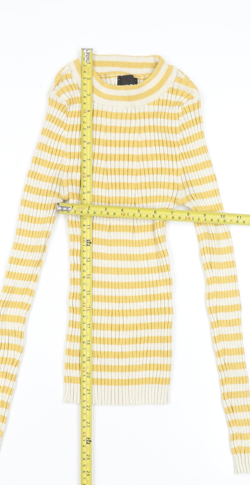 Pieces Women's Yellow White Striped Ribbed Long Sleeve Knit Top XS