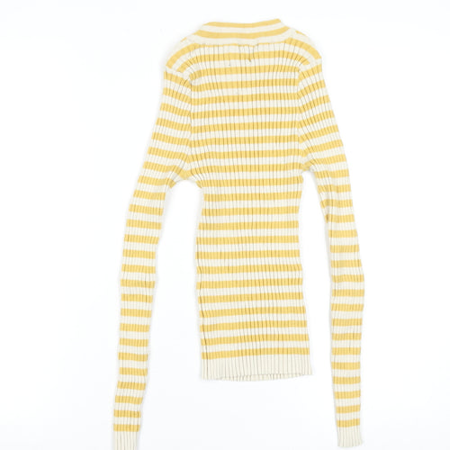 Pieces Women's Yellow White Striped Ribbed Long Sleeve Knit Top XS