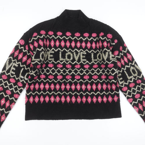 Oasis Womens Black Pink LOVE Knit High Neck Wool Jumper M