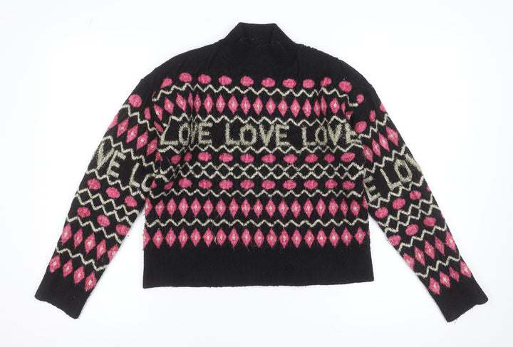Oasis Womens Black Pink LOVE Knit High Neck Wool Jumper M